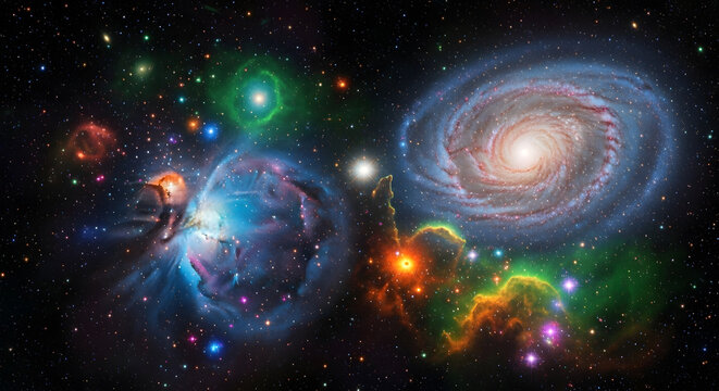 Stunning cosmic panorama showcases vibrant nebulae and a majestic spiral galaxy, inspiring awe and wonder in the vastness of space. - Powered by Adobe