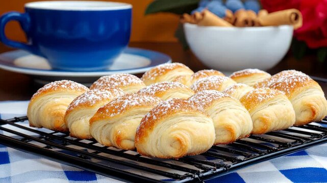 Freshly baked croissants cooling on rack with cozy coffee and blueberry background