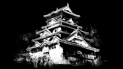 Black and white asian castle illustration