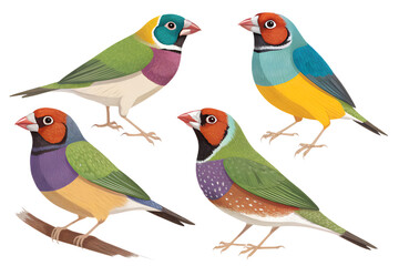 Obraz premium Various Gouldian Finches PNG – Colorful Cartoon and Realistic Bird Illustrations on Transparent Background