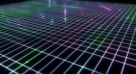 Abstract neon grid surface with vibrant green and purple lights reflecting on a dark, futuristic digital landscape