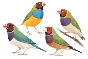 Obraz premium Various Gouldian Finches PNG – Colorful Cartoon and Realistic Bird Illustrations on Transparent Background