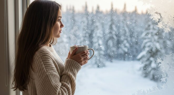 Fototapeta Woman with mug looking out window at snowy forest landscape winter scene.
