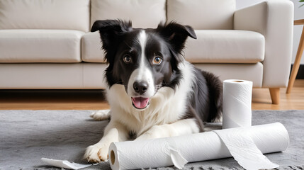 Naughty playful puppy dog border collie after mischief biting toilet paper lying on couch at home. Guilty dog and destroyed living room. Damage messy home and puppy with funny guilty look.