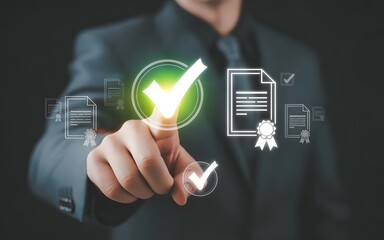 Businessman touching glowing checkmark and document icons on dark background