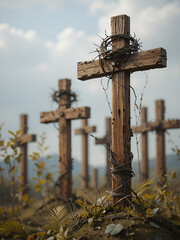 wooden crosses with crown of thorns