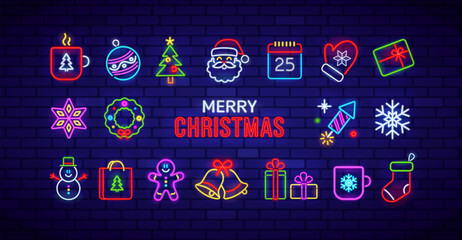 Merry Christmas Ornaments - neon vector icon set. Vector elements of Christmas signs and Winter symbols: Santa Claus, Gift, Christmas Tree, Fireworks, Snowflake, Calendar. Editable vector