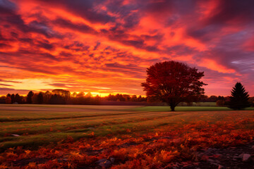 Fototapeta premium Fall's Grand Finale: An etereal Autumn sunset over pcturesque landscape