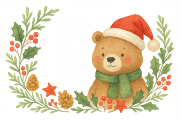 Christmas bear cartoon in watercolor style, wearing santa hat and scarf, decorating festive wreath, transparent background