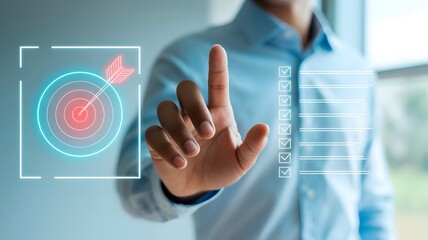 Man touching futuristic holographic interface with fingerprint scan