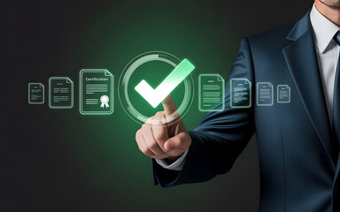 Businessman points to a digital checklist with a large green checkmark