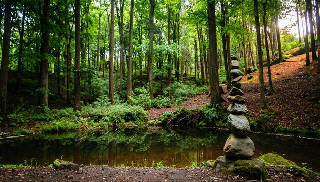 Peaceful forest scene with stacked stones by a pond