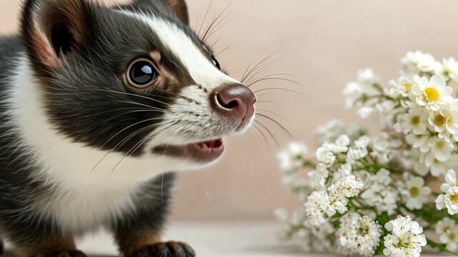 Curious skunk exploring white flowers in a charming nature setting