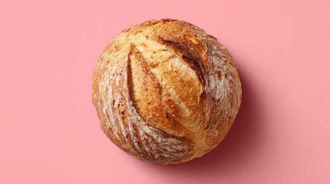 Overhead shot of a rustic, round loaf of bread on a solid pink background