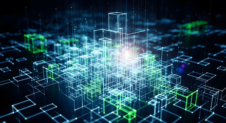 Dynamic digital network grid with glowing nodes and connections, representing data flow and modern technology in a futuristic abstract landscape.