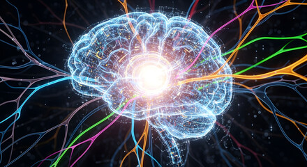 Dynamic digital brain pulses with vibrant neural network connections, symbolizing AI, innovation, and complex thought processes in a futuristic concept.