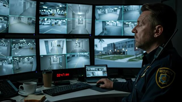 Security guard monitoring multiple surveillance camera feeds of parking lot and building at night in a control room, footage.