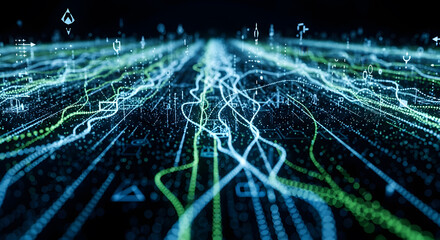 Dynamic abstract data streams flow through digital network, representing global connectivity and technological advancement in a vibrant, futuristic landscape.