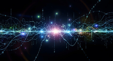 Dynamic digital waves of data flow and binary code illuminate a futuristic network, representing connectivity and information exchange.