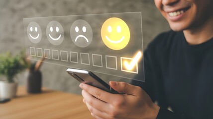 Man giving a positive customer review using a smartphone and holographic interface