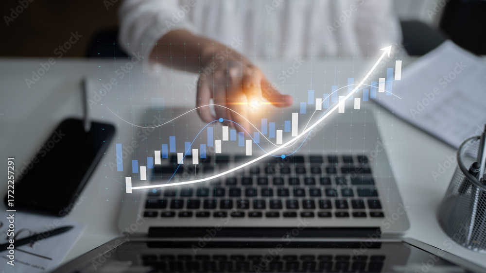Aufkleber a professional studies financial trends on a laptop, showcasing growth through dynamic graphs and da