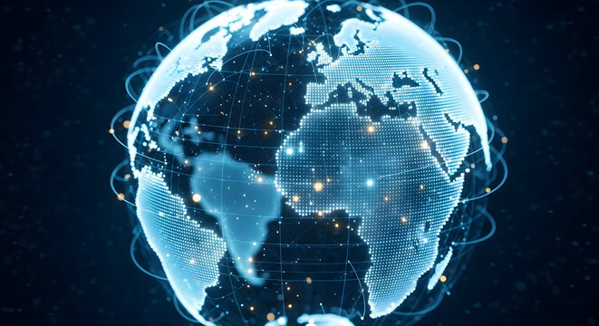 Dynamic digital world map with global network connections, ideal for tech and future concepts