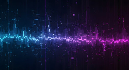 Dynamic digital sound wave pulse illuminates abstract futuristic cityscape in vibrant neon blue and purple hues, perfect for tech innovation themes.