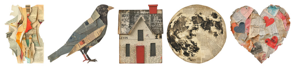 Obraz na płótnie Canvas PNG Artistic collage with diverse elements, element set on transparent background