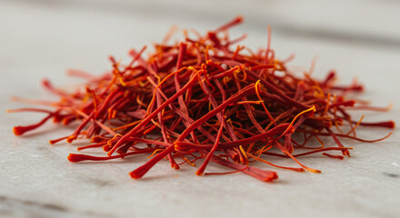 Close-up of Red Saffron Threads on White Marble Background