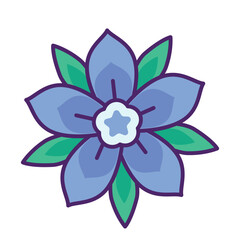 A stylized blue flower with green leaves and purple outlines