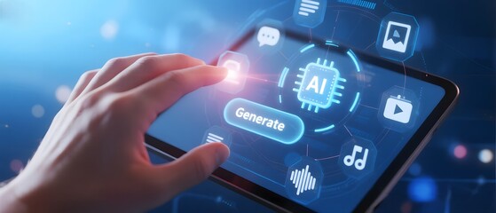 Hand interacting with futuristic ai interface on a digital screen generating content