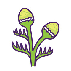 A stylized cartoonish illustration of a green plant with two budding flowers