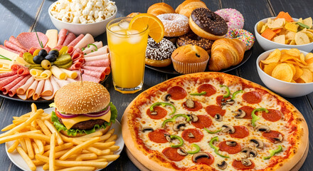Unhealthy food choices like pizza burgers chips and donuts are displayed on a table