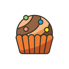 A stylized cupcake with swirled frosting and colorful candy dots