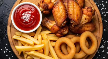 Crispy Fried Chicken Wings French Fries and Onion Rings with Ketchup