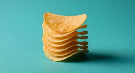 A perfectly stacked pile of potato chips against a teal background
