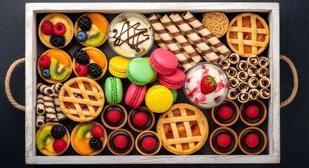 Assortment of colorful pastries and desserts in a white wooden tray