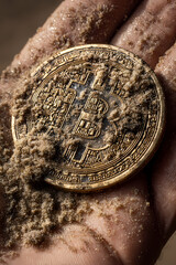 Ancient Bitcoin Coin in Hand, Biblical Desert Scene,