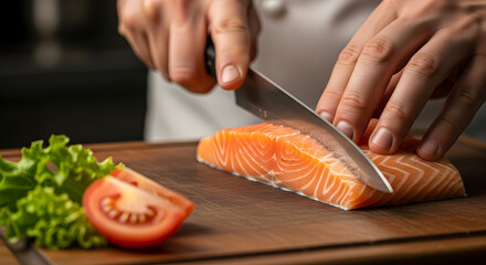 Chef expertly slicing fresh salmon fillet on wooden board