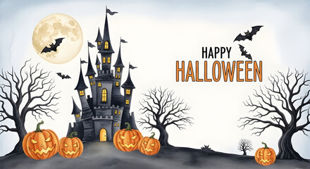Spooky Halloween Castle with Jack-o-lanterns and Bats under a Full Moon