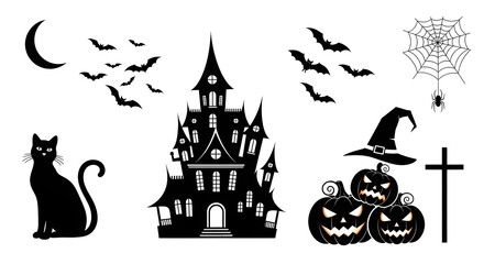 Spooky Halloween silhouettes of haunted house bats pumpkins cat witchs hat and spiderweb for your seasonal designs