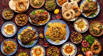 A lavish spread of traditional Middle Eastern food including roasted meats rice dishes and various mezze