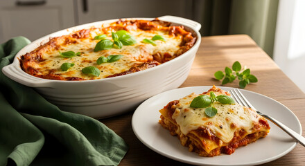 A delicious cheesy lasagna in a white baking dish ready to be served