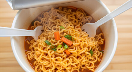 Steaming hot instant noodles in a white bowl with two plastic forks ready to eat