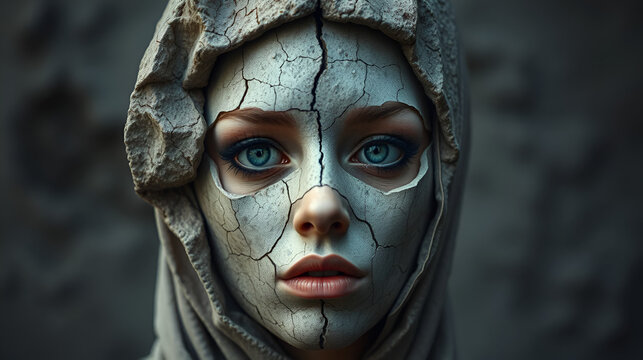 Cracked stone face mask unveiling inner self, hidden emotions. Woman identity transformation showing vulnerability, authenticity, psychology, freedom. Concept of inner conflict, deception, masking,