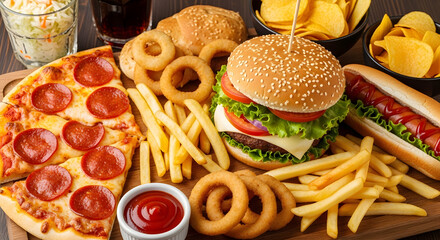 Unhealthy food platter with pizza burger hotdog onion rings and potato chips