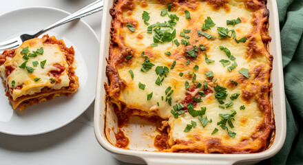 A freshly baked lasagna in a casserole dish with a single portion on a plate