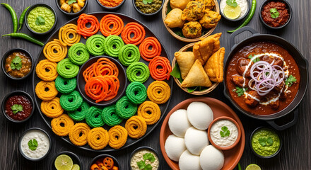 Aromatic Indian feast featuring butter chicken samosas colorful spirals and various dips