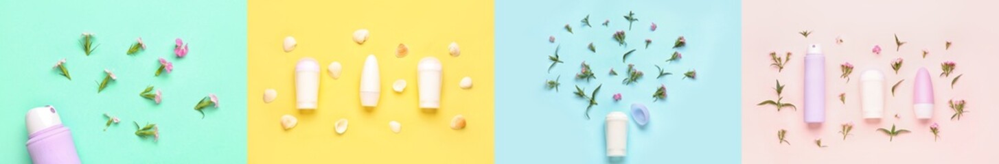Collage of different deodorants on color background, top view