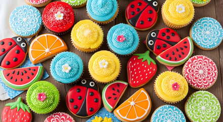 Assorted colorful cupcakes and fruit-shaped cookies on wooden table